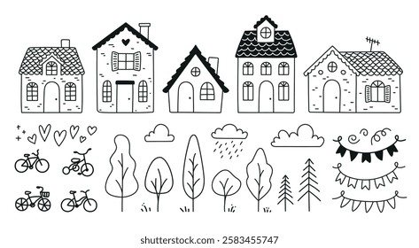 Set of cute houses and city elements, trees, bicycles, banners and decorations. Isolated vectors for banners, cards, prints and assorted designers