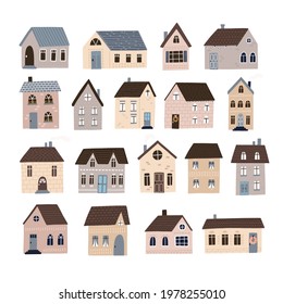 Set of cute houses for creating a map. Hand drawn vector illustration. Nursery concept.