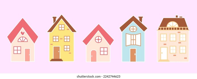 Set of cute houses in a flat style. Vector illustration.