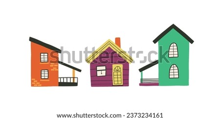 Set with cute houses in flat style. Hand drawn vector illustration.