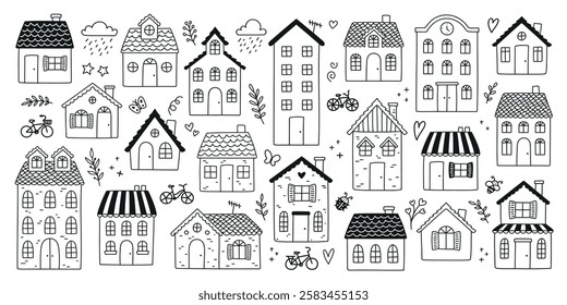 set of cute houses, flowers, insects, mushrooms and vegetation in doodle style. Vectors isolated on white background for banners, cards, prints.