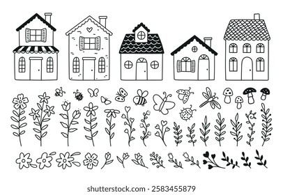 set of cute houses, flowers, insects, mushrooms and vegetation in doodle style. Vectors isolated on white background for banners, cards, prints and designers.