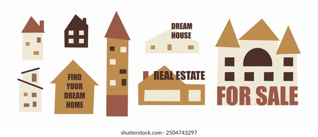 set of cute houses, real estate clip art. Cute hand drawn flat village houses, homes, buildings, architecture. A large cottage at a discounted rate. Different types of houses.