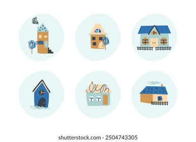set of cute houses, rural objects clip art. Cute hand drawn doodle village houses, homes, buildings, architecture. Items, icons in children style for kids. Different types of houses