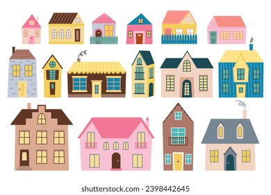 Set of cute houses in Scandinavian style. Various tiny houses vector set