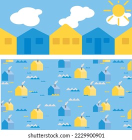 Set of cute houses and seamless pattern. Vector illustration made of two Ukrainian flag colours, yellow and blue. Peace and happiness.  