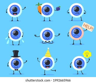 Juego de lindos personajes de globo ocular humano. Ilustración vectorial de dibujos animados. Enfermo o ojo sano en diferentes poses, estados emocionales aislados de fondo azul. Visión, salud, ayuda médica, concepto de cuidado ocular