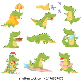 Set of cute humanized crocodiles in different situations. Vector illustration on a white background.