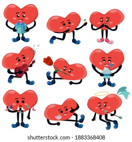 Set cute humanized hearts different actions couple love valentine's day theme. Cartoon element for Valentine's Day greeting card. Vector illustration