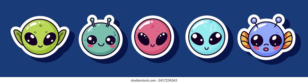 Set of cute humanoid faces isolated on blue background. Alien kid colorful characters. Cartoon cosmic children sticker. Space aliens. Label style for print. Vector illustration