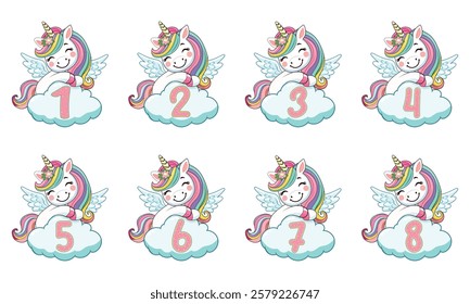 Set of cute humble unicorn with horn and wings hugs cloud with numbers on white background. Poster, Banner, Flyer, Greeting Card. Vector illustration in flat cartoon style