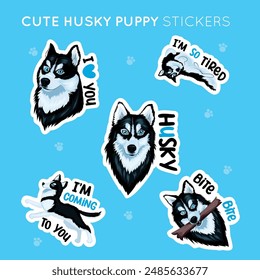 Set of cute husky dogs in different poses. Adorable pet characters collection on blue background with text. Vector illustration.
