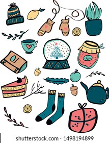 set cute hygge illustrations elements, autumn, winter, stikers, design