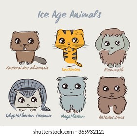 Set of cute Ice Age animals. Vector illustration of animals