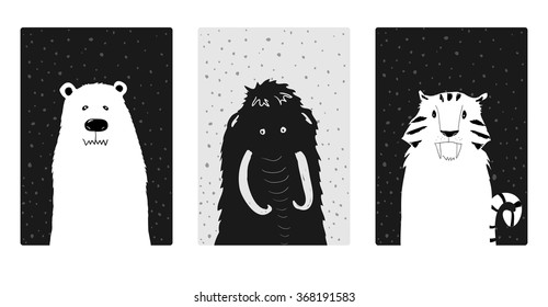 Set of cute Ice Age animals. Mammoth, prehistoric bear and saber-toothed tiger.  Vector illustration