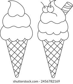 Set of cute ice cream cartoon coloring page vector illustration. Summer icons outline coloring book for kids