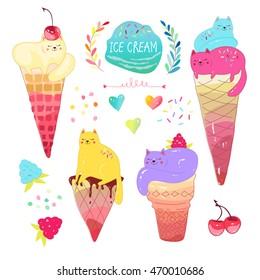 Set of cute ice cream and cat. Cats look like ice creams. Vector illustration in cartoon style