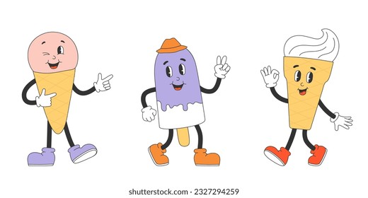 Set of cute ice cream characters in y2k groovy style. Cartoon characters collection in trendy retro style. Isolated vector illustration 