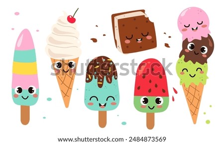 Set of cute ice cream characters, funny summer food sun day, gelato, popsicle, fruit ice, waffle cone. Happy, friendly sweet kawaii smiling delicacy with different tastes for kids, Vector illustration