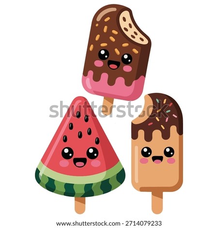 Set cute ice cream characters funny summer food gelato popsicle fruit ice waffle cone