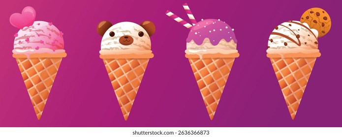 A set of cute ice cream cones. Attractive summer sweets.
