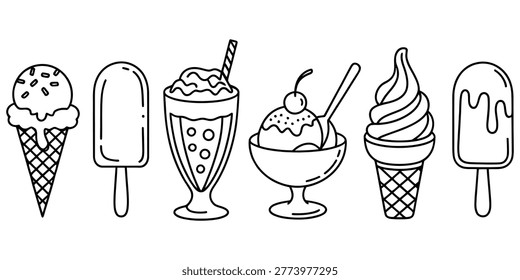 Set of cute ice cream and dessert icons including cones popsicles and sundaes in a simple black and white line art doodle style Vector, illustration