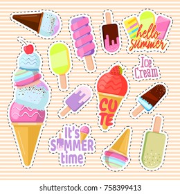 Set of cute ice cream in the form of a retro patches. Vector sticker ice cream, patch fabric embroidery, vector illustration