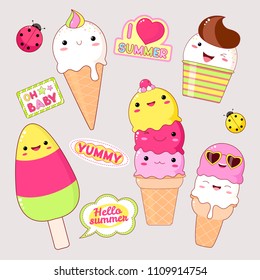 Set of cute ice cream icons in kawaii style with smiling face and pink cheeks. Stickers with inscription yummy, hello summer, i love summer, oh baby. EPS8