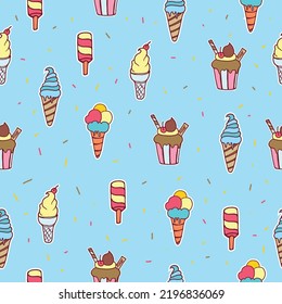 set of cute ice cream illustration with sprinkles on blue background. hand drawn vector. seamless pattern with ice cream. colorful ice cream. doodle for wallpaper, wrapping paper and gift, backdrop. 