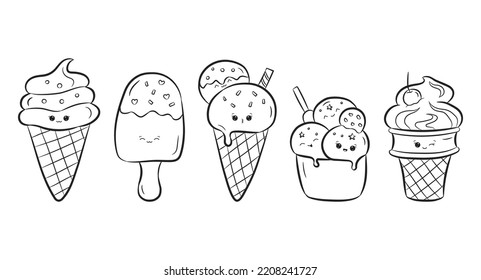 Set of cute ice cream isolated on white background. Collection of ice cream with happy kawaii face in doodle style. Coloring book. Vector Illustration