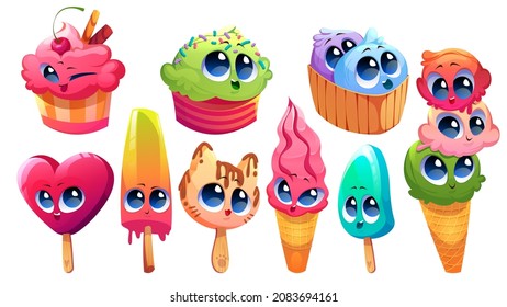 Set of cute ice cream kawaii characters, funny summer food emoticons, popsicle, sundae, gelato, fruit ice, waffle cone, kitten, cherry and heart sweet smiling delicacy for kids, Vector illustration