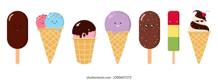 Set of cute ice cream on white background