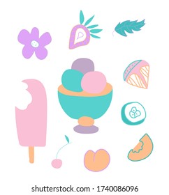 Set of cute ice cream, strawberry and orange, watermelon slices.Clip art food illustrations in flat style in blue, pink and lilac shades.Design for menus,posters,web,social networks, textiles.