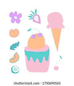 Set of cute ice cream, strawberry and orange, watermelon slices. Clip art food illustrations in flat style in blue, pink and lilac shades. Design for menus, posters, web, social networks, textiles.