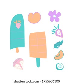 Set of cute ice cream, strawberry and orange, watermelon slices. Clip art food illustrations in flat style in blue, pink and lilac shades. Design for menus, posters, web, social networks,textiles.