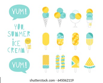 Set of cute ice cream templates with lettering. Hand drawn illustration for birthday, anniversary, party invitations, holidays. Vector illustration in turquoise and yellow colors.