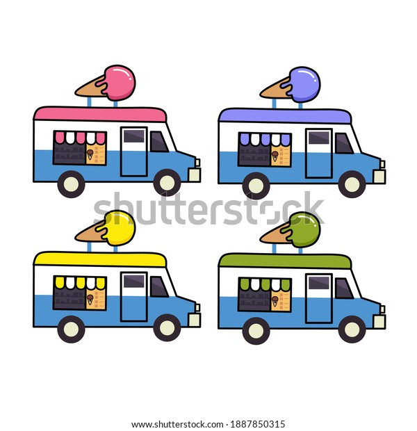 Set of cute ice cream truck icon. Pink, purple,\
yellow, and green color. Design for ice cream shop business. Flat\
illustration vector