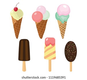 Set of cute ice cream vector icons. Great for yummy summer dessertbackgrounds, packaging, scrapbooking projects.