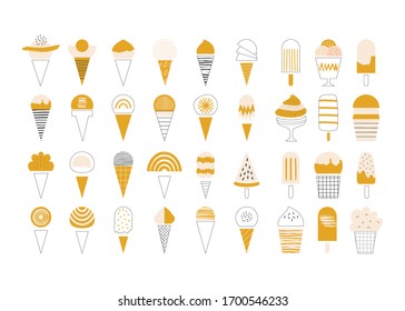 Set of cute ice cream. Vintage cafe style. Abstract geometric shapes. Contemporary art. Vector isolated illustration.