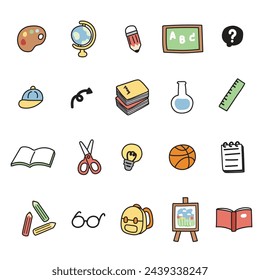 Set of cute icon in back to school concept.Cartoon hand drawn.Art,science,sport subject collection.Student and teacher.Kawaii.Vector.Illustration.