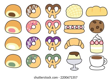 Set of cute icon bakery cartoon.Kawaii dessert collection.Donut,bread,coffee,pudding,cookies hand drawn.Sweet food.Vector.Illustration.