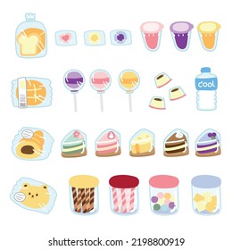 Juego de adorables íconos en panadería y dulces. Candy, pan, pastel, dulce, gelatina, pudding, galletas dibujadas a mano. Colección de caricaturas. Kawaii.Vector.Ilustración.