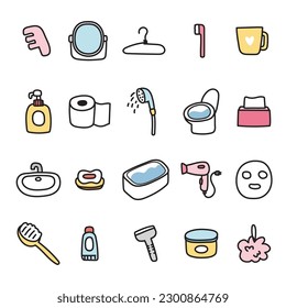 Set of cute icon in bathroom concept.Cartoon symbol hand drawn collections.Shower time.Home.Kawaii.Vector.Illustration.
