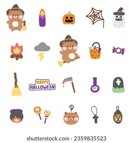 Set of cute icon bear witch in halloween concept.Festival.Autumn.October.Wild animal character cartoon design.Ghost,spider web,pumpkin,candy,poison hand drawn.Teddy.Kawaii.Vector Illustration.