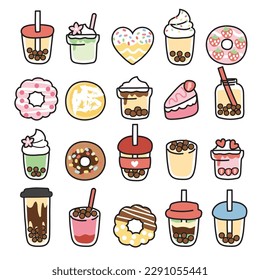 Juego de tiernos dibujos animados sobre el fondo blanco. Té de leche de burbuja, té verde, donut, pastel dibujado a mano. Correcciones de panadería.Kawaii.Vector.Ilustración.