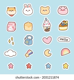 Set of cute icon cartoon design.Animal,food,star hand drawn.Dog,rabbit,bear,pig,milk,cake.Sticker.Symbol.Kawaii.Collection.Kid graphic.Vector.Illustration.