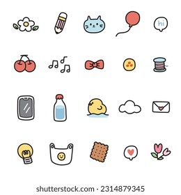 Set of cute icon cartoon hand drawn.Symbol collection.Nature,animal,tool concept.Kid graphic.Kawaii.Vector.Illustration.