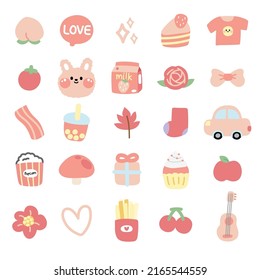 Set of cute icon cartoon in pink concept.Fruit,dessert,cake,clothing,vegetables,car,beverage,gift,guitar,heart hand drawn.Isolated.Kawaii.Vector.Illustration.