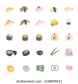 Set of cute icon cartoon.Japanese food collection.Sushi,wasabi,salmon,money hand drawn.Isolated.Pastel.Kawaii.Vector.Illustration.