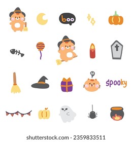 Set of cute icon cat witch in halloween concept.Festival.Autumn.October.Pet animal character cartoon design.Ghost,spider,pumpkin,candy,poison hand drawn.Meow lover.Kawaii.Vector Illustration.